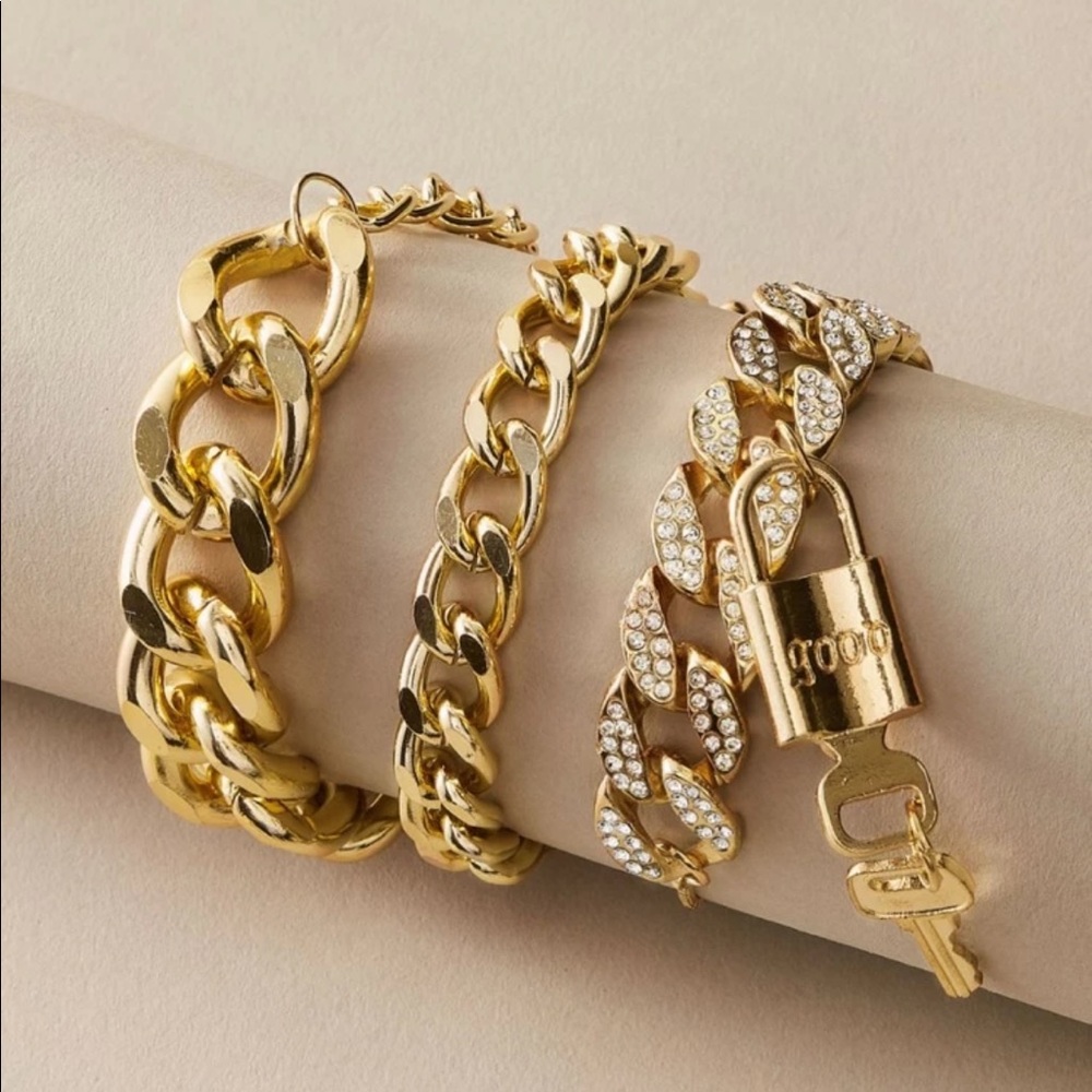 🌟3Pieces Lock&Key Charm Chain Bracelet Set Gold